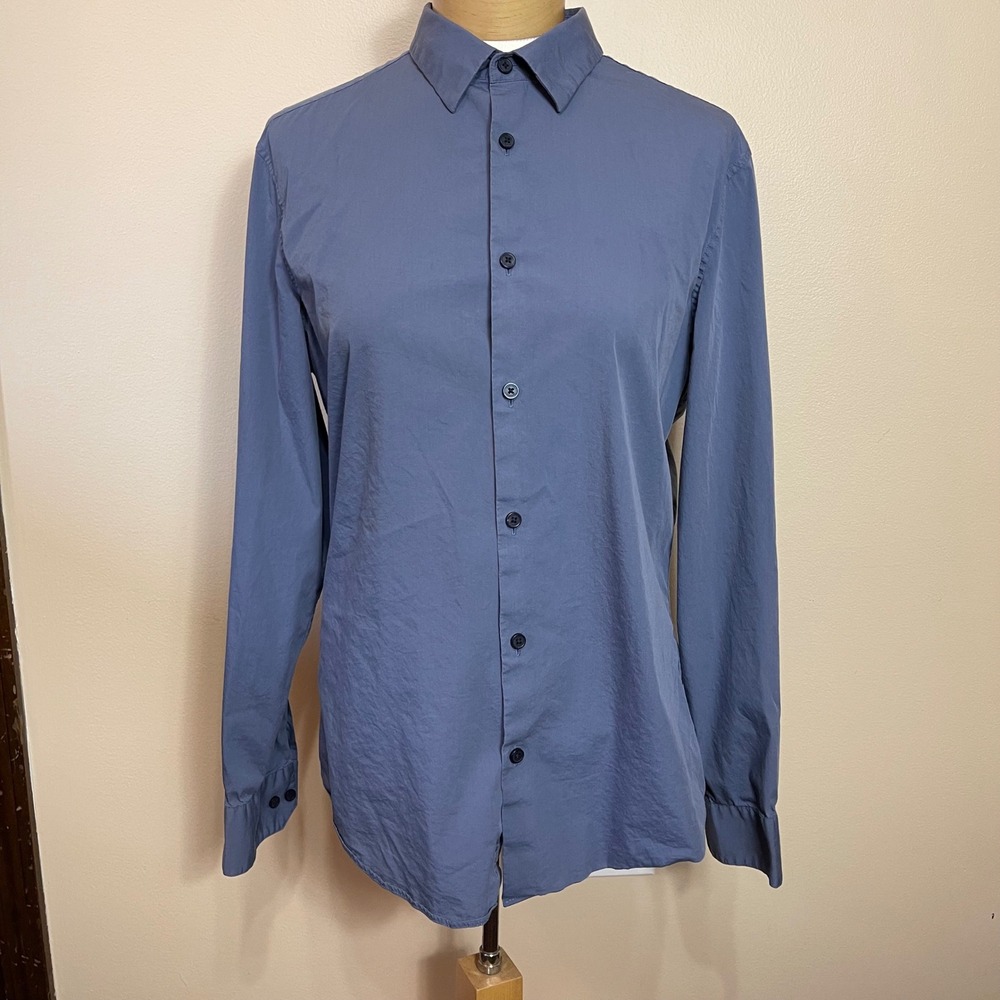 Calvin Klein Womens Blue Grey Cotton Blend Stretch Button Down Shirt Size M